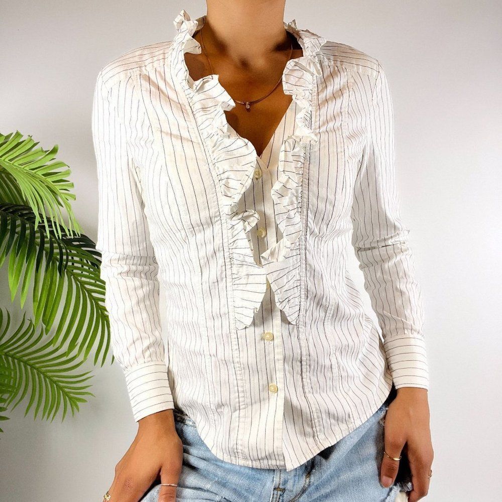 Vintage Y2K White Striped Light Academia Button Up Ruffle Blouse / Size: XSP